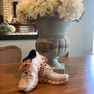 On Running Athletic Shoes Orange and Gray with Rugged Soles